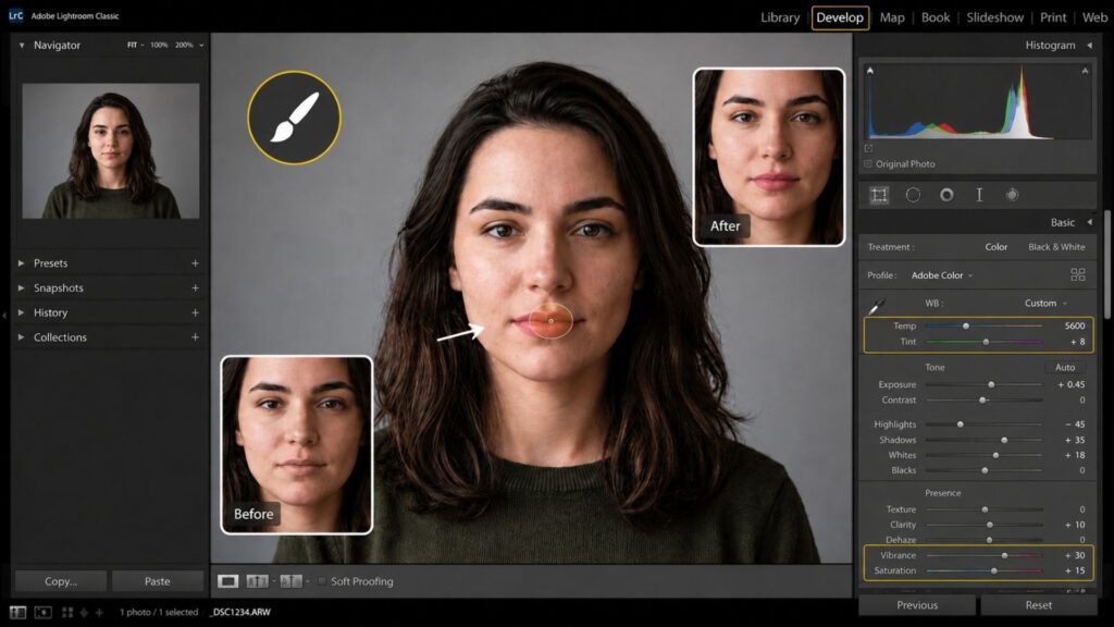 Whitening teeth naturally and enhancing lips texture in portraits photo editing