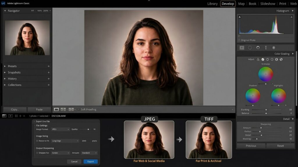 Final artistic color grading and exporting specifications in portraits photo editing