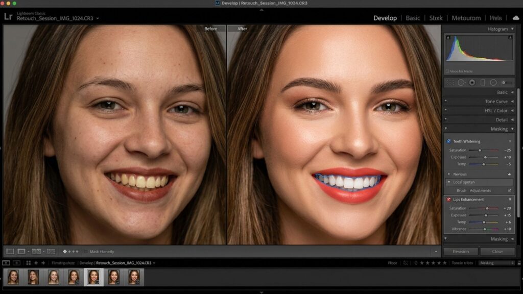 makeup & smile retouching essential step in professional portraits photo editing to enhance the subject's existing features
