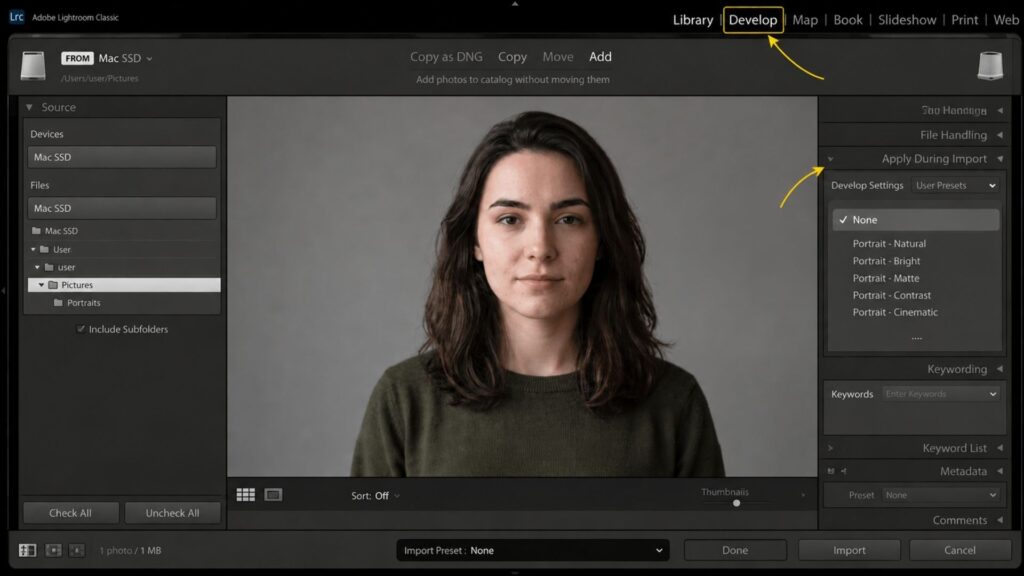 importing raw files and applying presets to speed up the portraits photo editing workflow