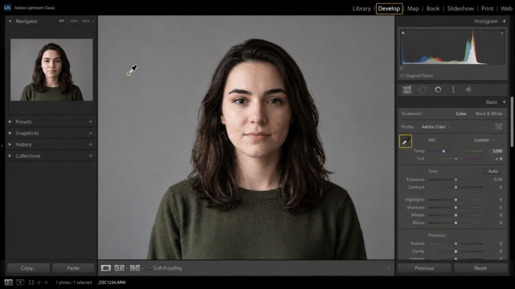 Fix skin tones in portraits photo editing by eliminating unwanted color casts with the White Balance Eyedropper tool