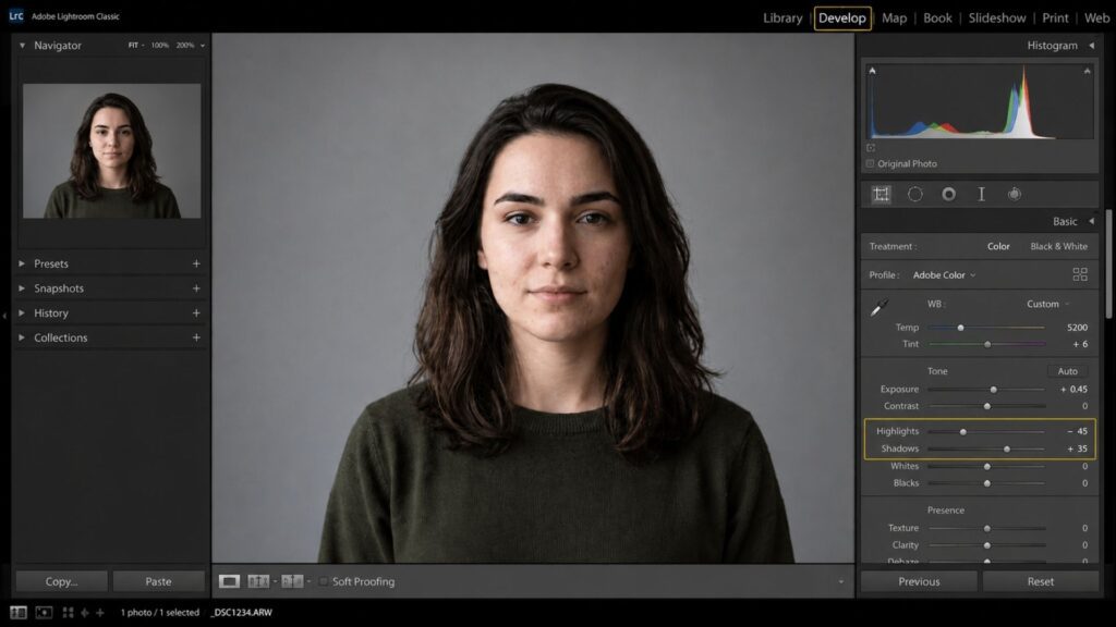 Balancing exposure and monitoring the histogram in portraits photo editing