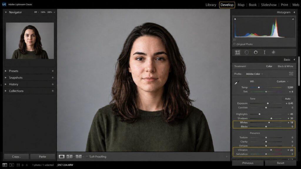 Using the vibrance slider to protect natural skin tones in portraits photo editing