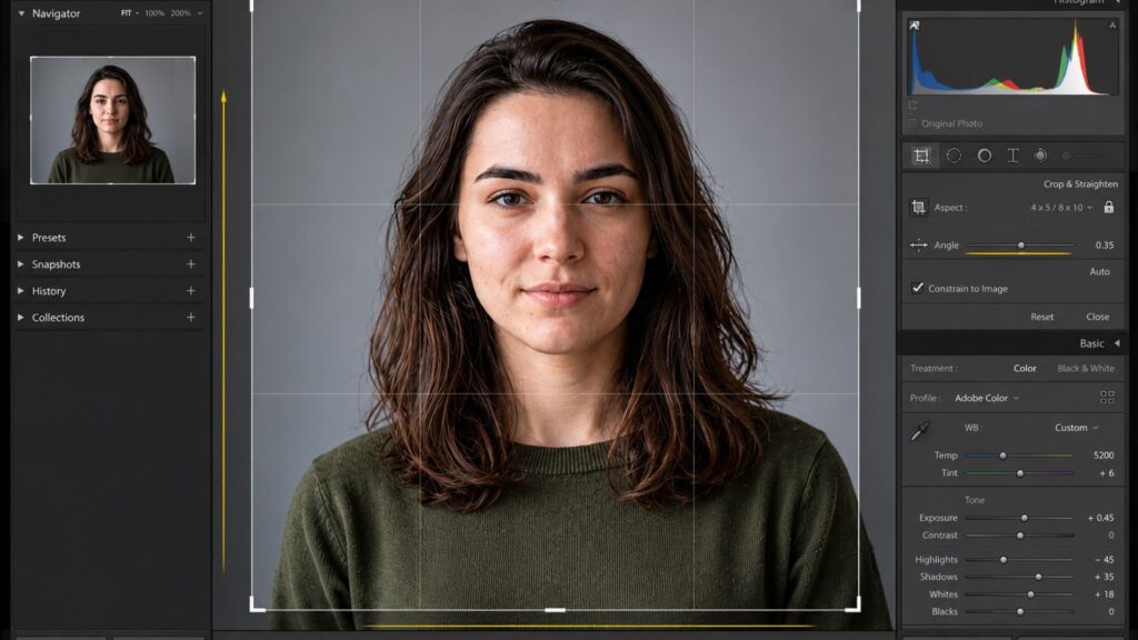 Cropping and straightening composition perfectly for professional portraits photo editing