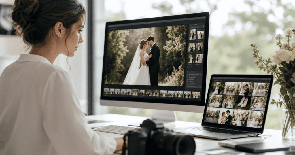 Photographer culling wedding photos for retouching
