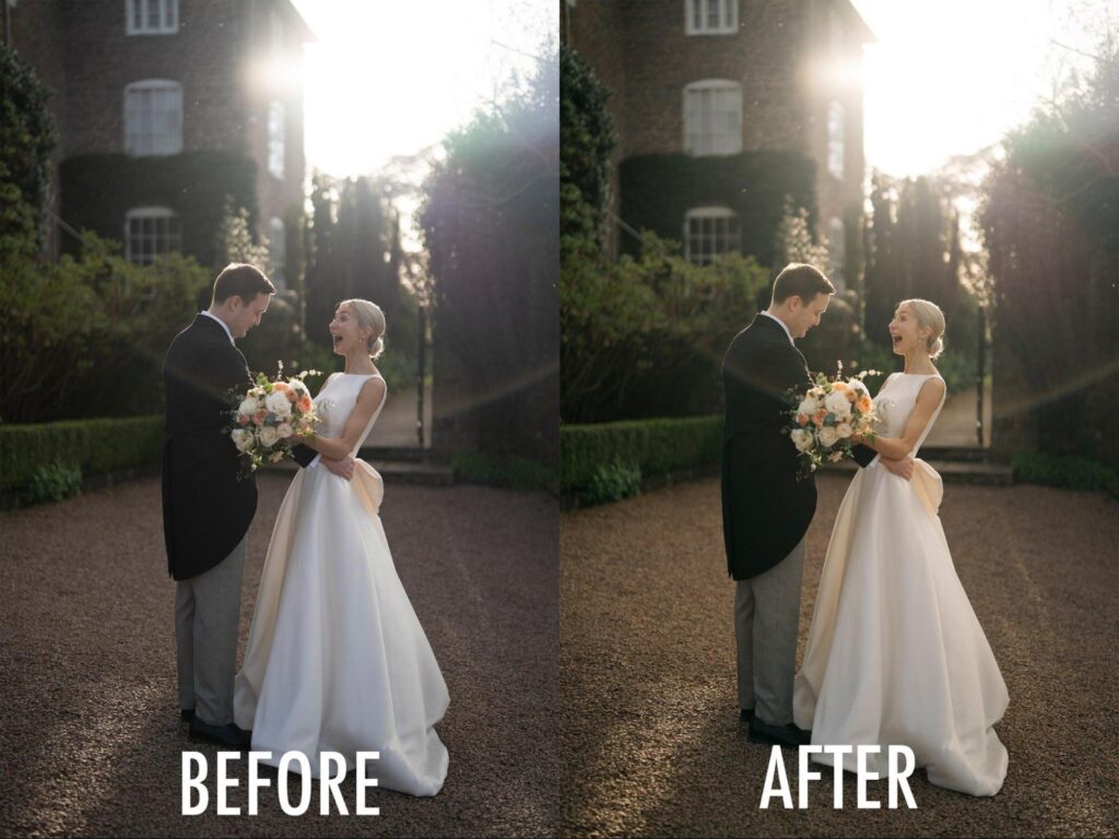 Before and after wedding photo with professional lighting and exposure correction