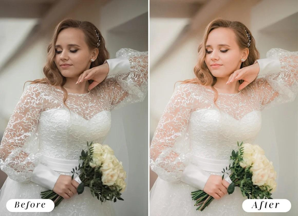  Before and after bridal portrait with wedding dress and detail enhancement