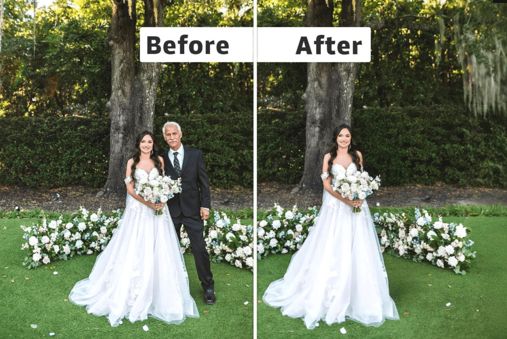 Before and after wedding photo with unwanted people removed from the background