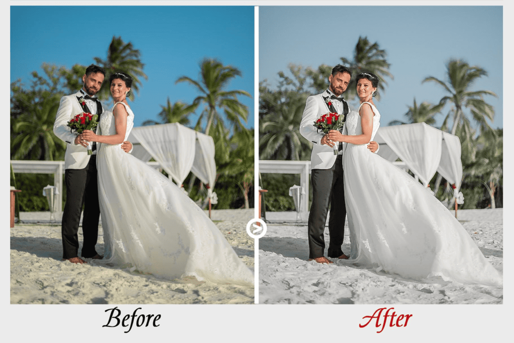 Before and after wedding photo with professional color enhancement