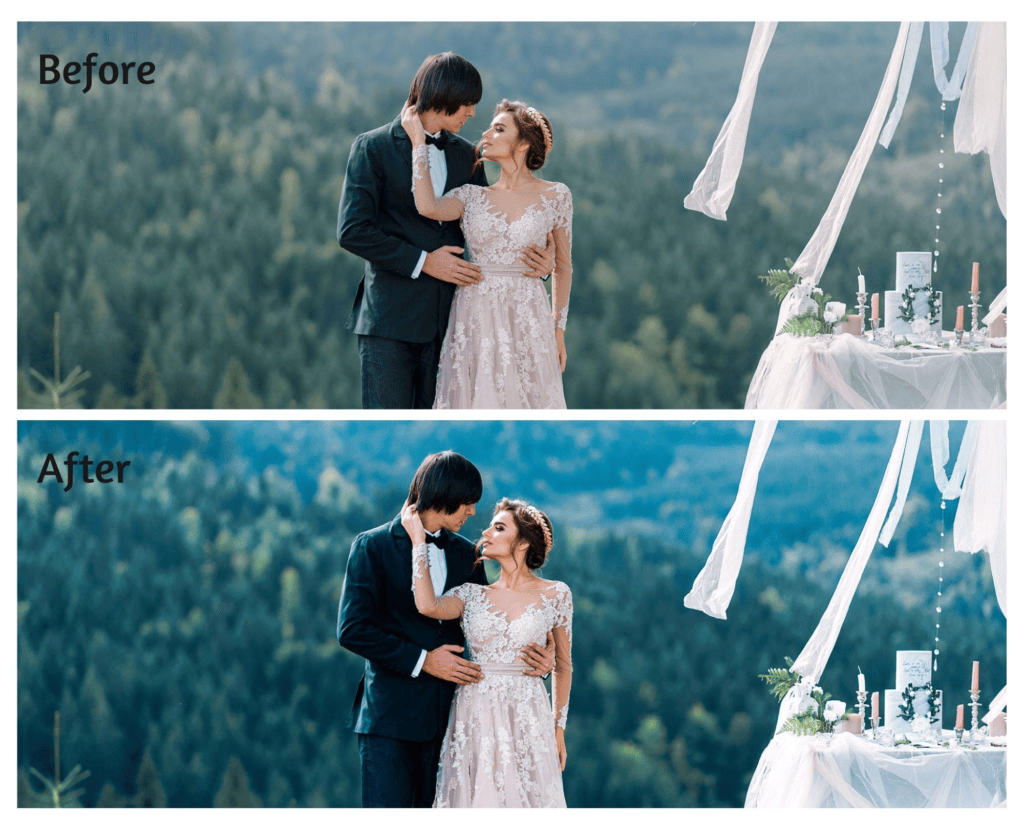 Before and after wedding photo with color enhancement