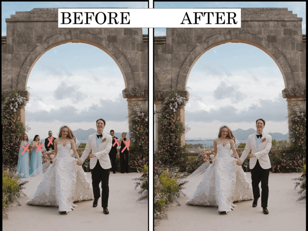Before and after wedding photo after removing unwanted objects