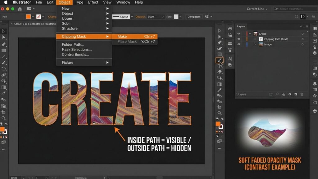 a clipping path in Illustrator defining the visible artwork area with sharp vector edges