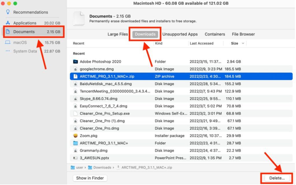Downloads folder on Mac showing files sorted by size
