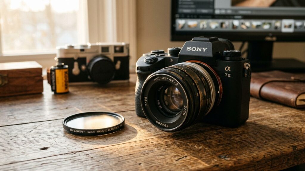 How To Make Photos Look Like Film: A Complete Beginner's Guide 11 Vintage Helios lens mounted on a modern digital camera next to a diffusion filter showcasing how to make photos look like film.