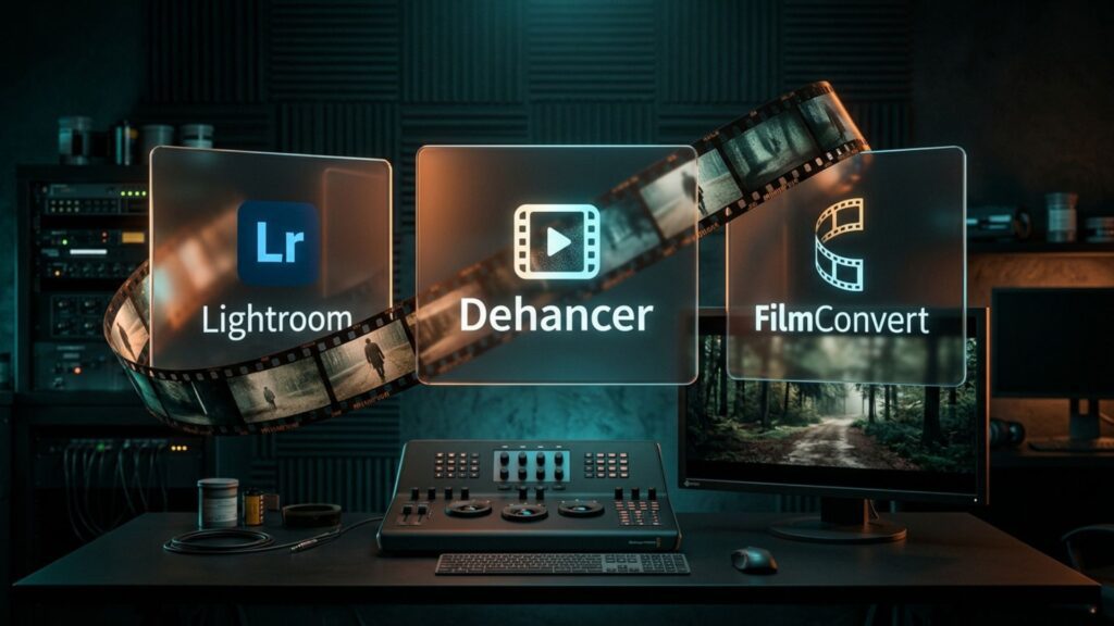 How To Make Photos Look Like Film: A Complete Beginner's Guide 12 Graphical interface displaying icons for Lightroom, Dehancer, and FilmConvert to illustrate how to edit pictures to look like film.