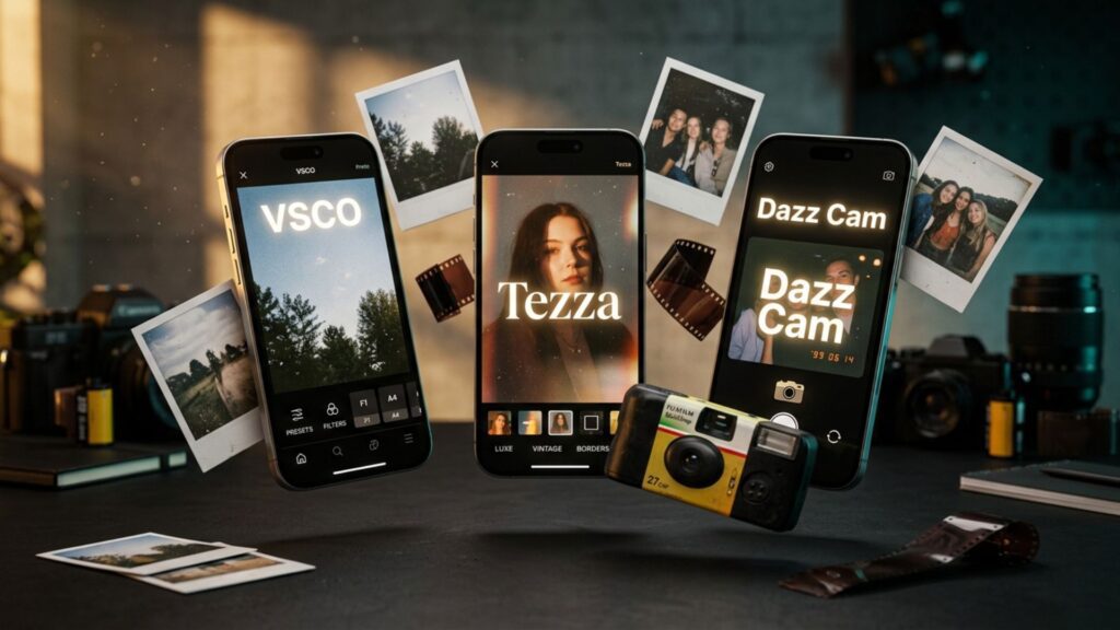 How To Make Photos Look Like Film: A Complete Beginner's Guide 13 Mobile photography setup with VSCO, Tezza, and Dazz Cam interfaces to edit photos to look like film.