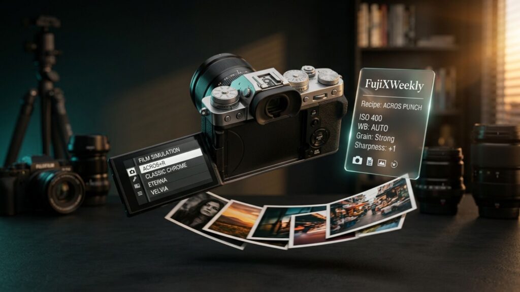 How To Make Photos Look Like Film: A Complete Beginner's Guide 14 Fujifilm camera screen displaying film simulation menu alongside a FujiXWeekly recipe window on how to make photos look like film.