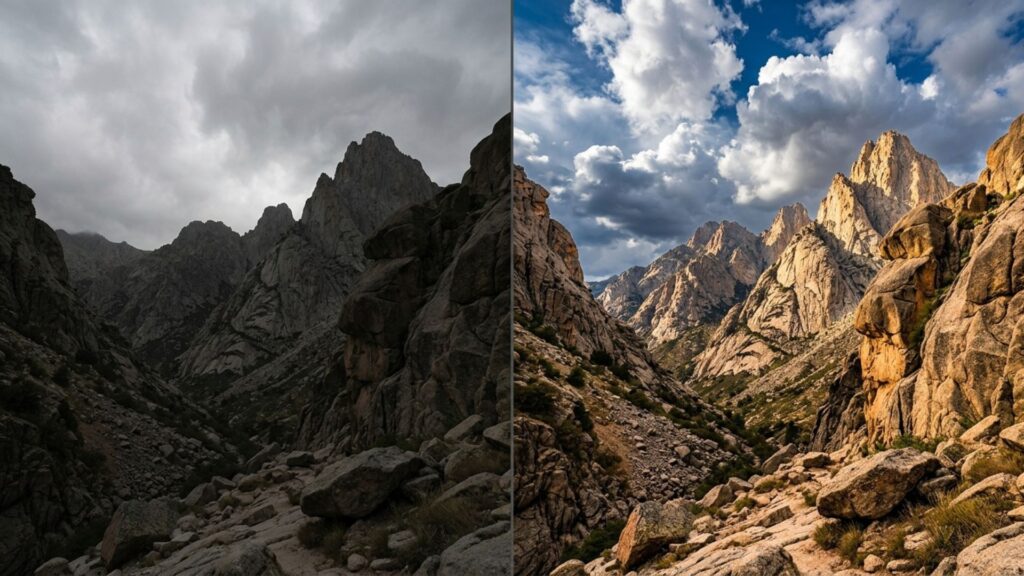 How To Make Photos Look Like Film: A Complete Beginner's Guide 4 Side-by-side mountain landscape comparison of dynamic range adjustments to make pictures look like film.
