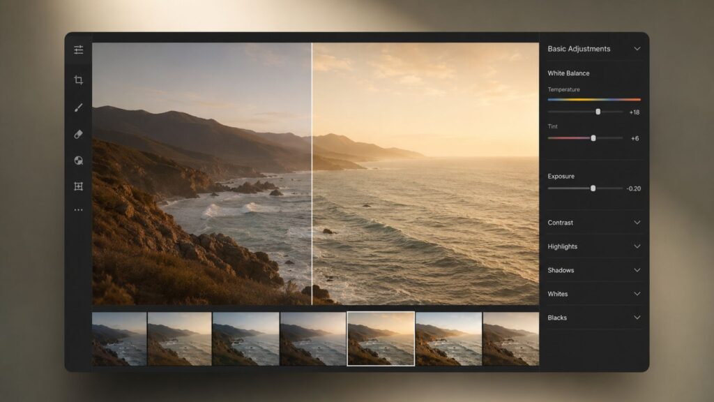 How To Make Photos Look Like Film: A Complete Beginner's Guide 5 Split-screen editor interface of a coastal landscape showing how to make your photos look like film using temperature adjustments.