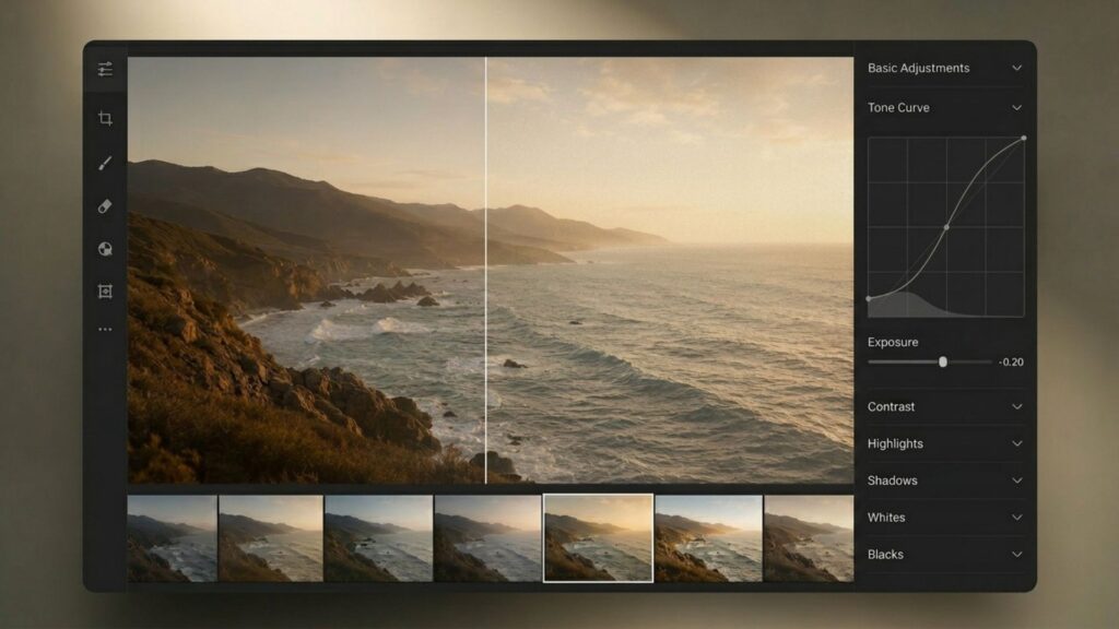 How To Make Photos Look Like Film: A Complete Beginner's Guide 6 Split-screen preview showing Tone Curve manipulation on how to make pictures look like film.