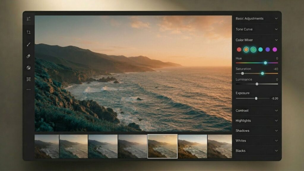 How To Make Photos Look Like Film: A Complete Beginner's Guide 7 Post-processing interface adjusting green and orange sliders to show how to edit pictures to look like film.