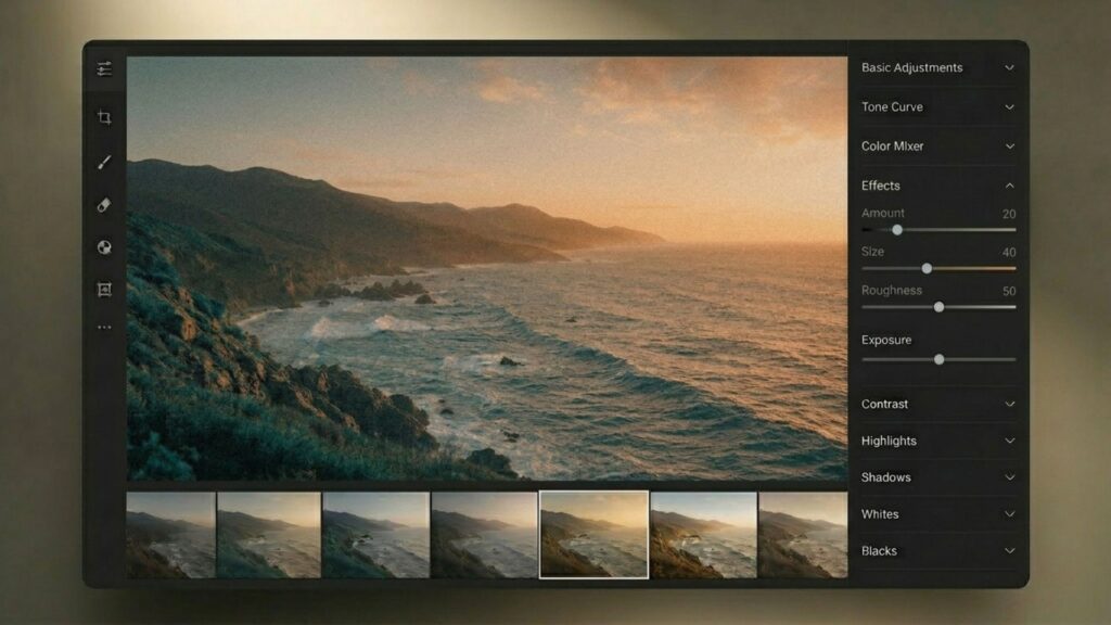 How To Make Photos Look Like Film: A Complete Beginner's Guide 8 Photo editing interface adding granular texture over a landscape scene to edit photos to look like film.