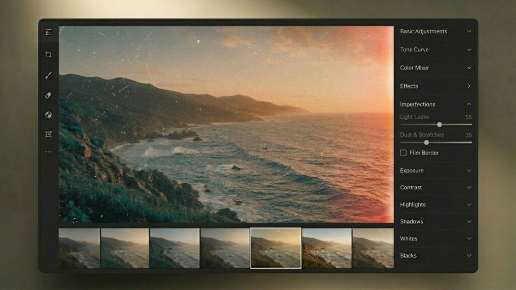 How To Make Photos Look Like Film: A Complete Beginner's Guide 10 Editing interface adding light leaks, dust, and scratch overlays to show how to make your pictures look like film.