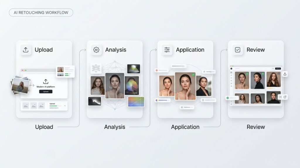 guided workflow of how ai photo retouching works