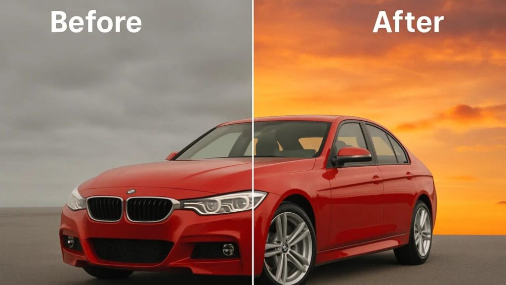 Car Photo Editing: Complete Guide To Professional Vehicle Photos 2 Before and after background removal and enhancement in car photo editing