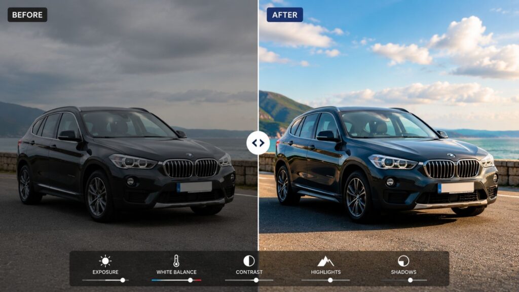 Car Photo Editing: Complete Guide To Professional Vehicle Photos 14 Adjusting lighting and colors in a car photo