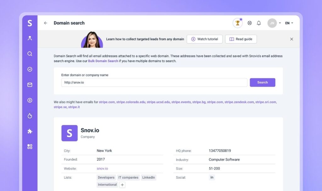 Top 20 Data Enrichment Tools To Improve Data Quality In 2026 9 Snov.io email enrichment tools and lead enrichment software interface for SMB outreach
