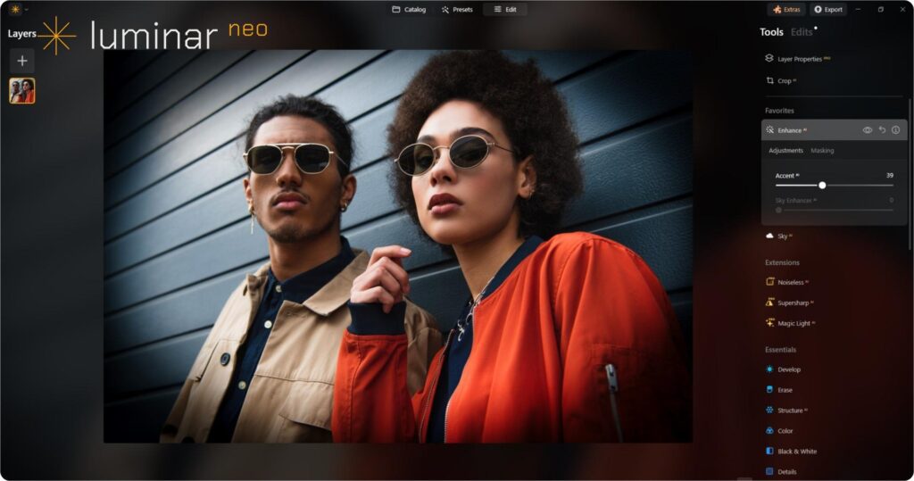Skylum Luminar Neo interface for fashion photo editing