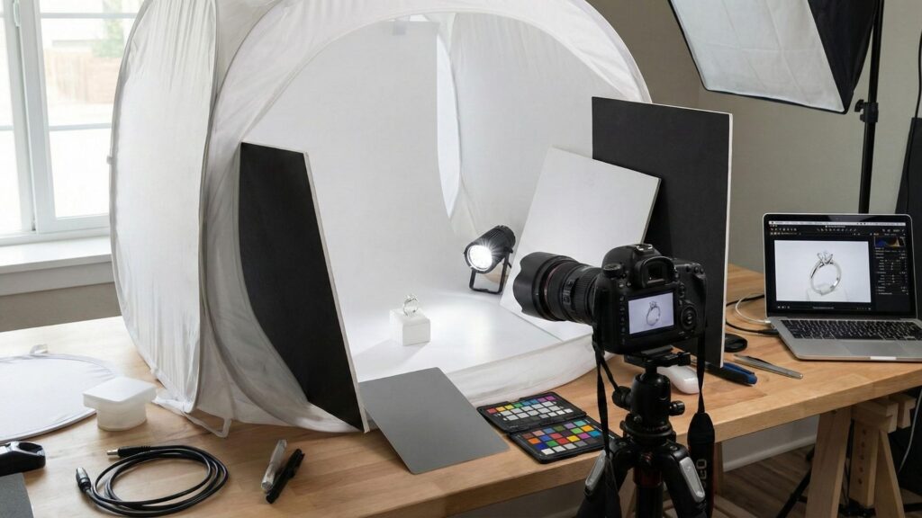 Jewelry photography setup using tripod, softbox, and light tent