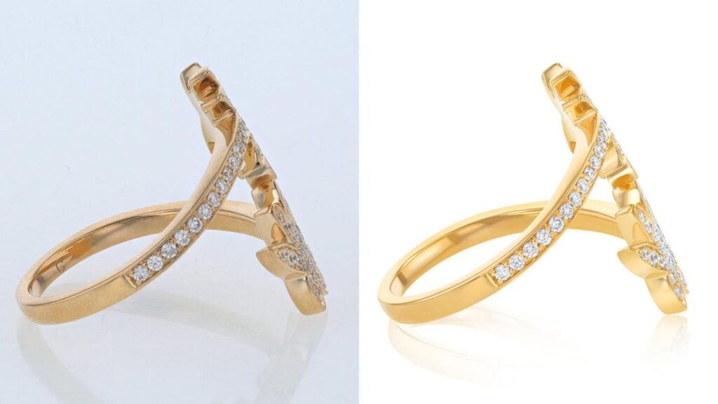 Metal polishing before and after jewelry retouching