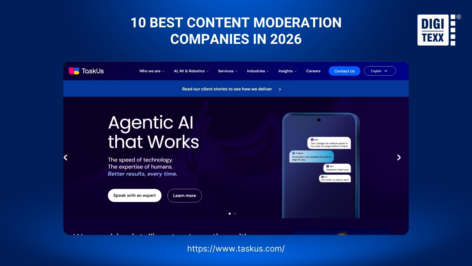 TaskUs content moderation company website interface