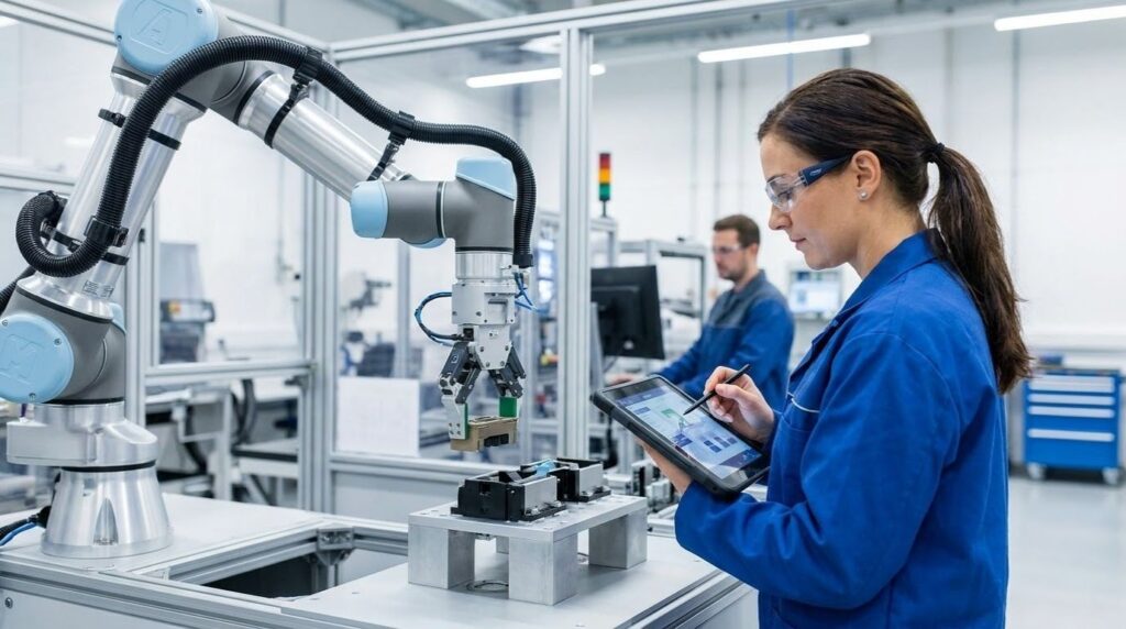 Worker reviews robotic arm task on tablet in factory