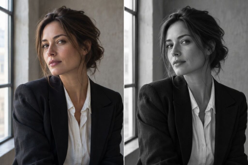 Black-and-white TikTok portrait edit with strong tonal contrast and texture