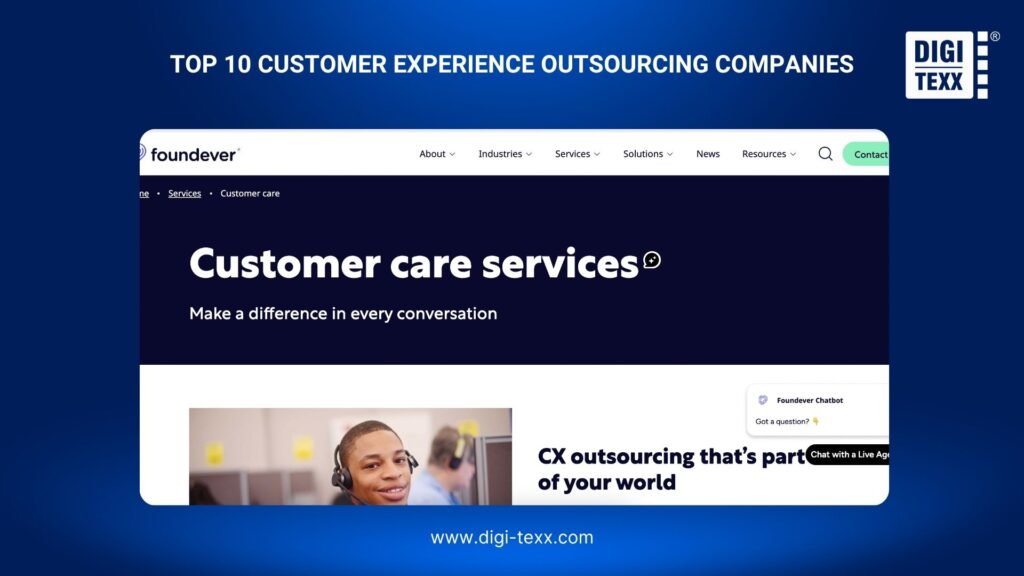 Foundever customer care webpage showing a support agent wearing a headset