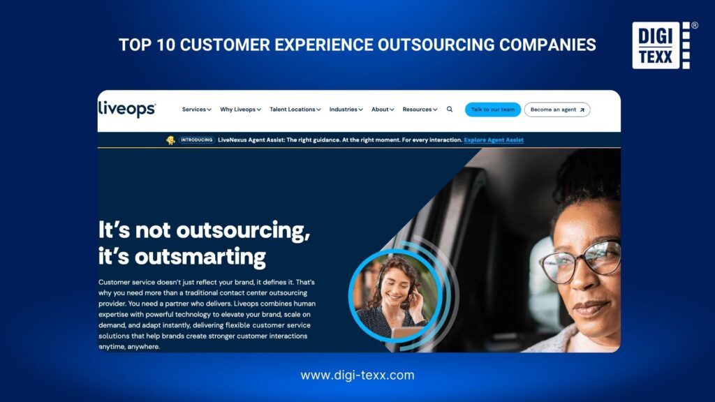 Liveops website homepage featuring headset-wearing agents and its virtual customer service offering