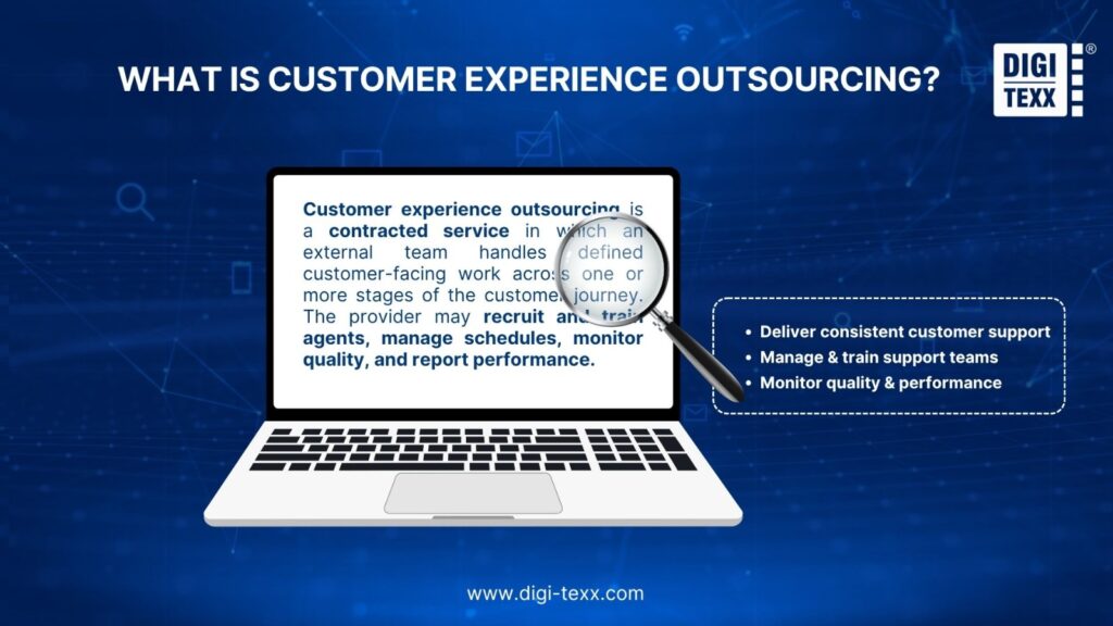 Diagram defining customer experience outsourcing and outlining support delivery, team training, and quality monitoring