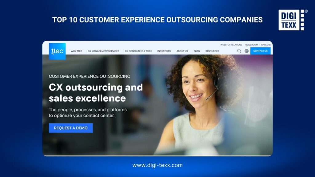  TTEC CX outsourcing webpage featuring a headset-wearing customer support agent