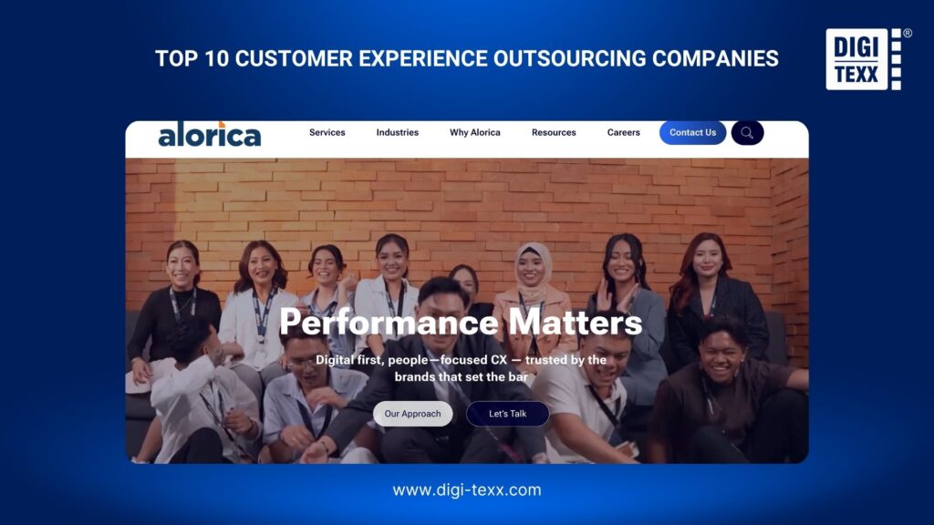 Alorica website homepage featuring a group of employees and its Performance Matters message