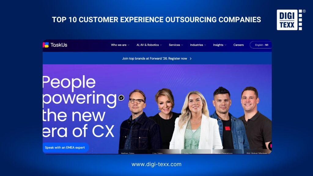 TaskUs website homepage featuring four team members and a message about the new era of CX