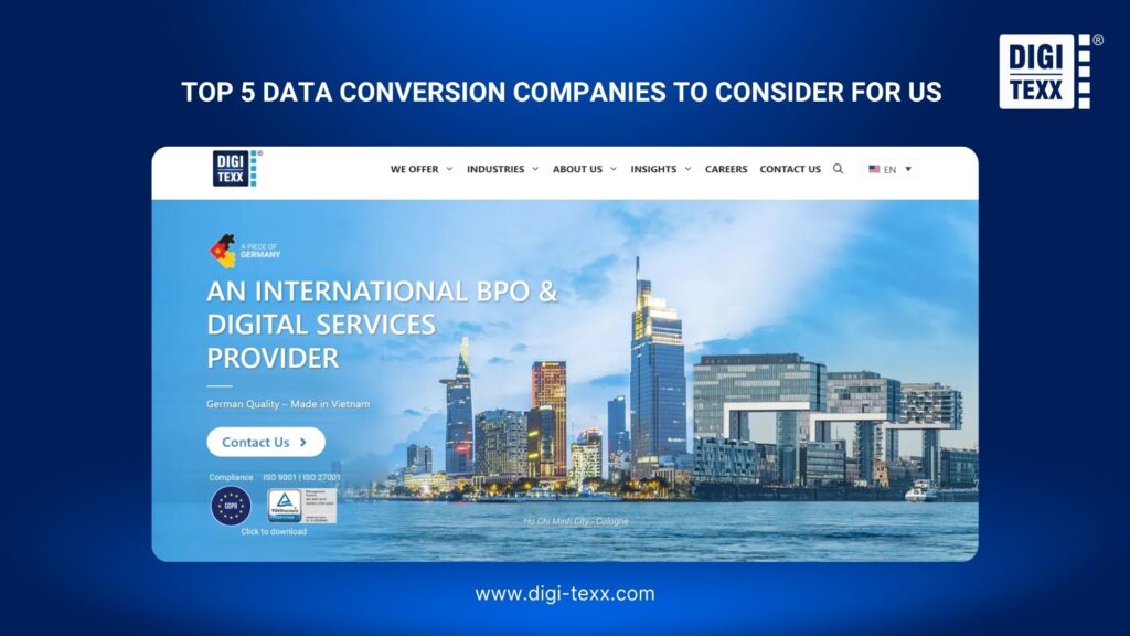 5 Data Conversion Companies to Consider for US Businesses 2 DIGI-TEXX data conversion company profile with document and digital-file illustrations.