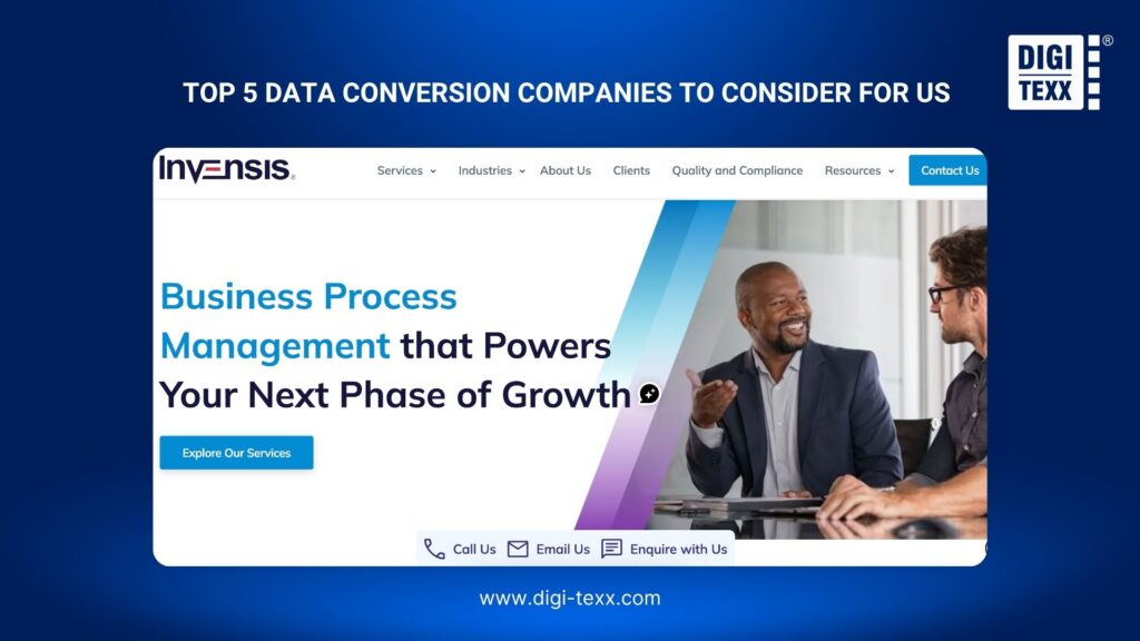 5 Data Conversion Companies to Consider for US Businesses 3 Invensis data conversion company profile with document and digital-file illustrations.