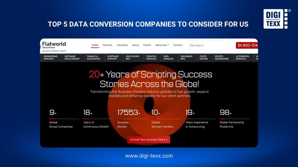 5 Data Conversion Companies to Consider for US Businesses 4 Flatworld Solutions data conversion company profile with document and digital-file illustrations.