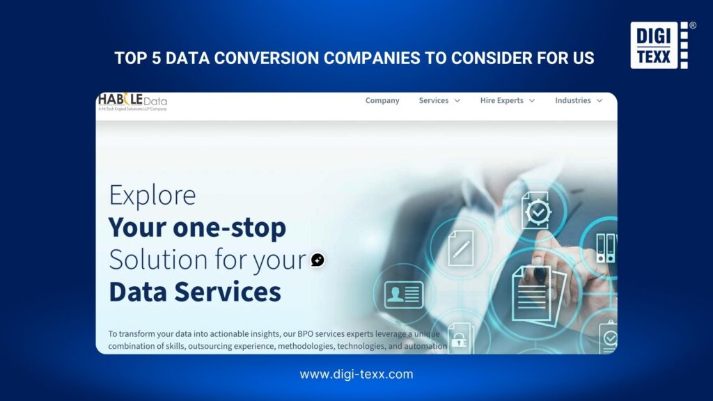 5 Data Conversion Companies to Consider for US Businesses 6 HabileData data conversion company profile with document and digital-file illustrations.